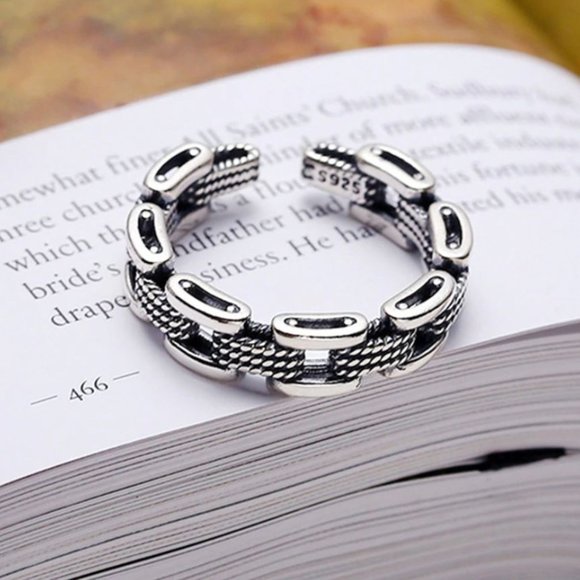 925 Sterling Silver Curb Chain Link Ring Dainty Minimalist Adjustable Ring - Picture 3 of 7